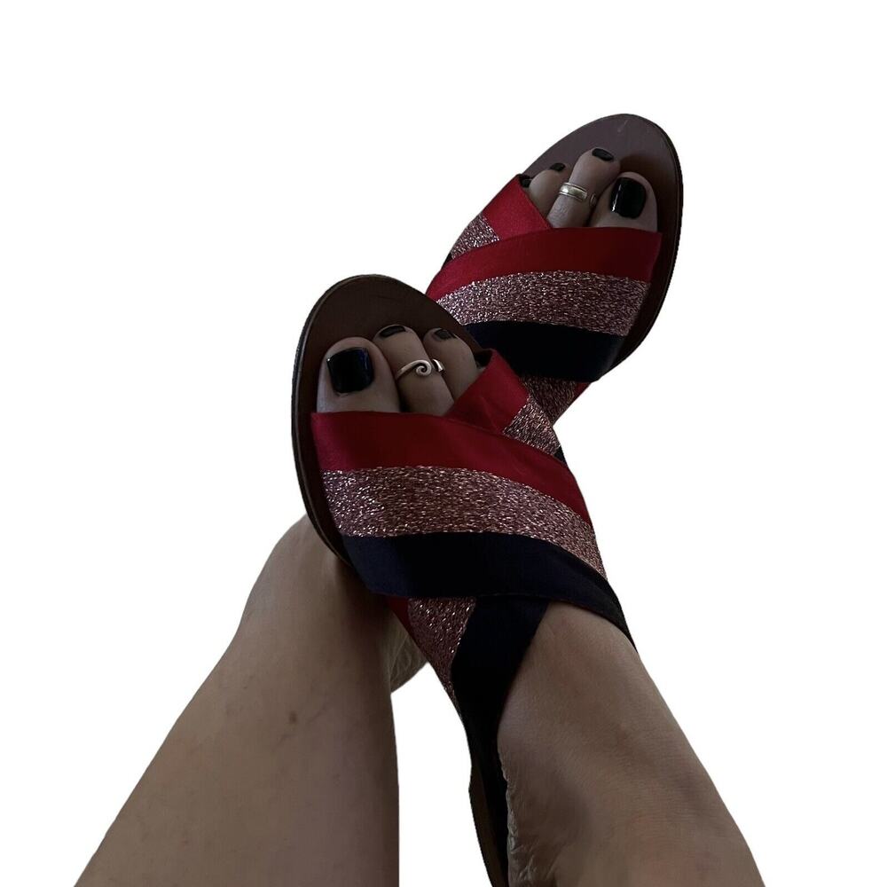 🌵 Diane von Furstenberg Bailie Metallic Red Blue Slip-On Flat Sandals - Size 7.5 - Picture 2 of 9